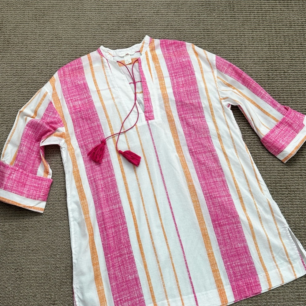 H&M Resort Wear Pink and Orange Midi Dress with Mandarin Collar